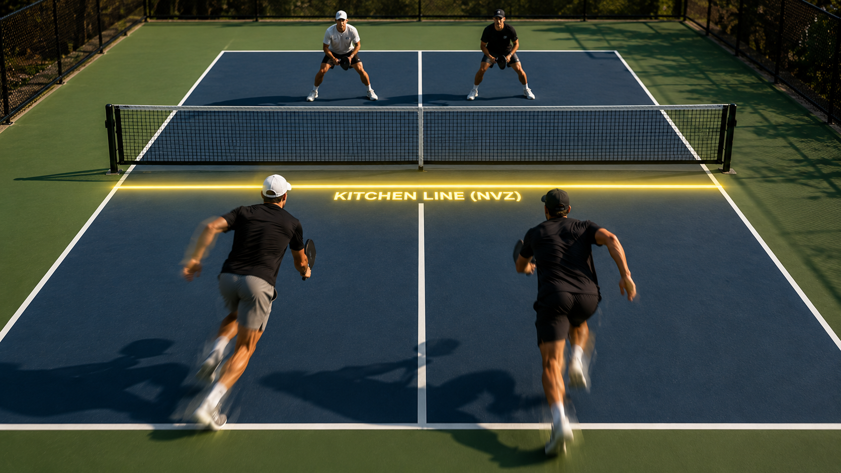 Pickleball transition zone — one committed sprint from baseline to NVZ. Get through it as fast as possible. The third-shot drop creates the time needed.