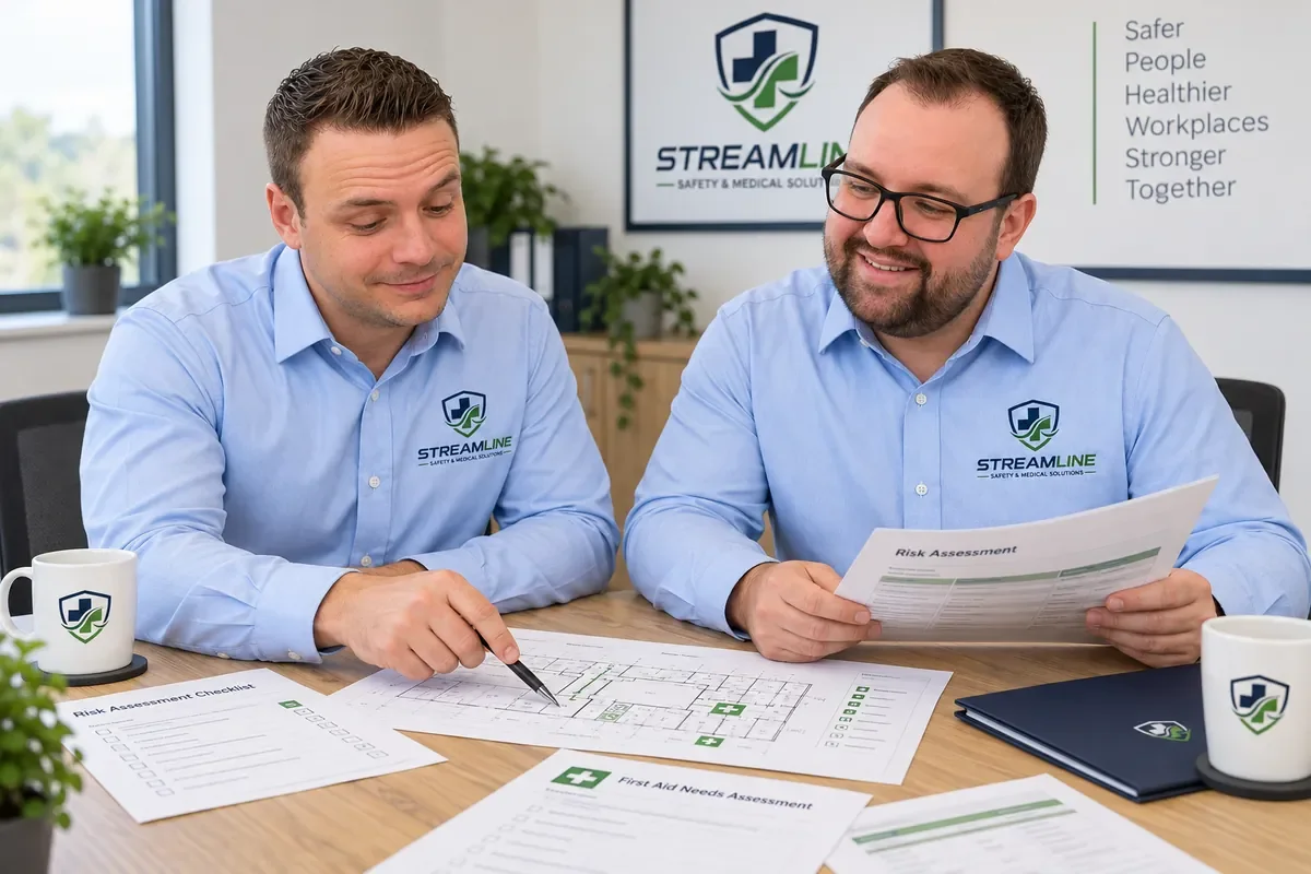 Two Streamline colleagues reviewing risk assessment documents