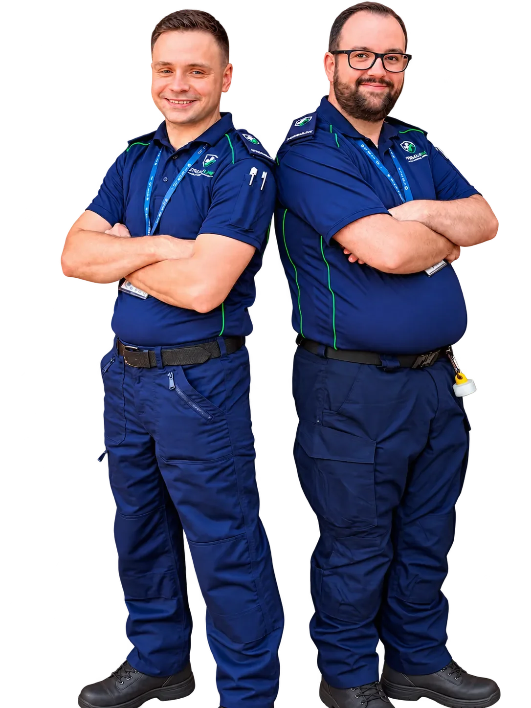 Tom and Mathew in Streamline uniforms, shown from the waist up