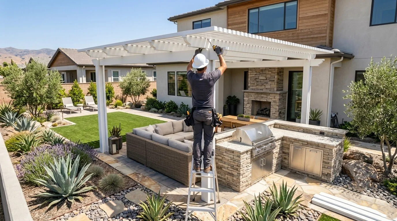 Aluminum patio cover built over a backyard patio by Specialty Landscape