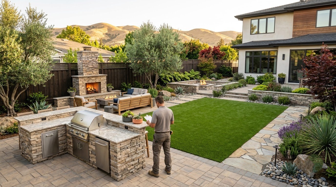 Outdoor kitchen counter with bar seating and room for a beverage station by Specialty Landscape