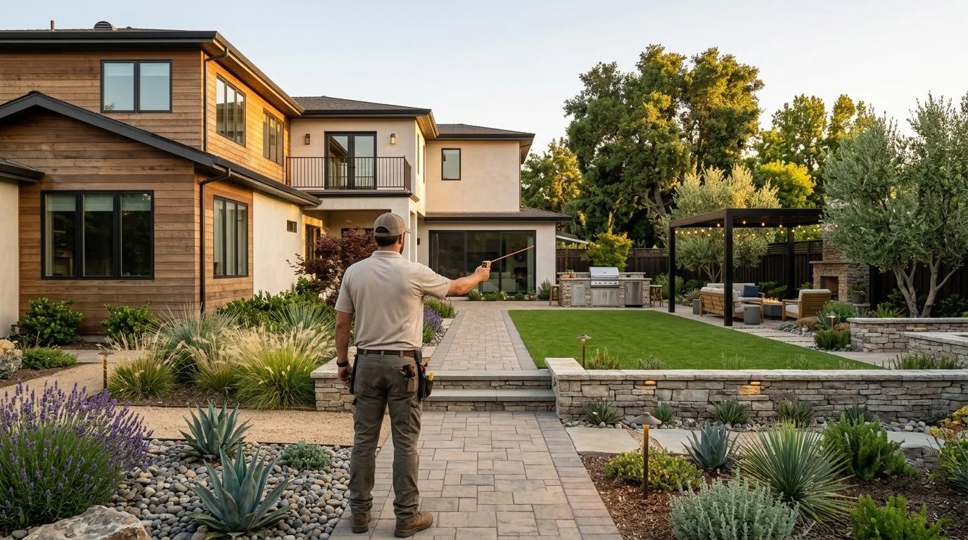 Stone retaining walls and raised beds built into a Central Valley yard by Specialty Landscape