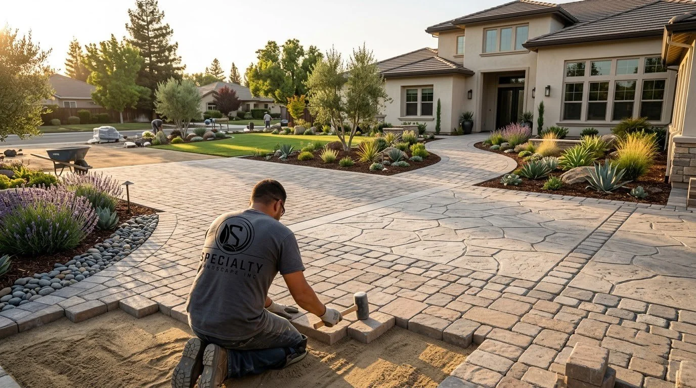Paver patio installed in a Central Valley backyard by Specialty Landscape
