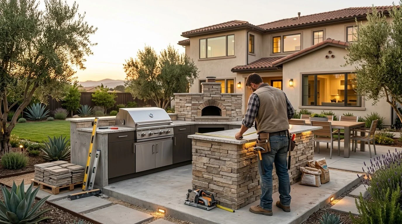 Backyard outdoor kitchen that gets used year round in the Central Valley by Specialty Landscape