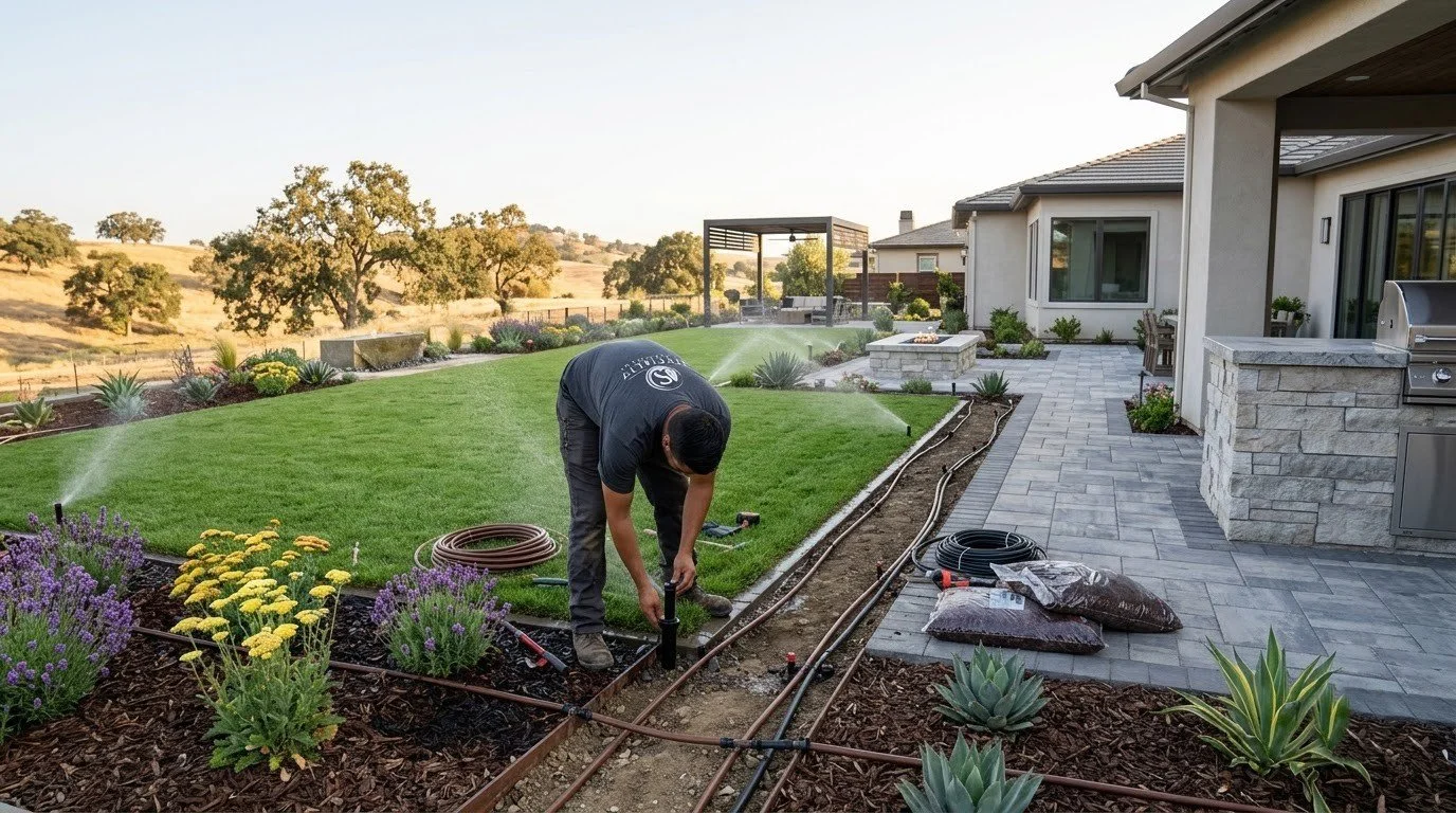 New sprinkler system running over a fresh lawn by Specialty Landscape