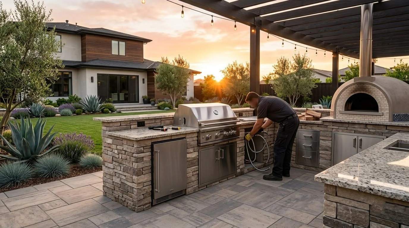 Built-in grill and cooking station in a custom outdoor kitchen by Specialty Landscape