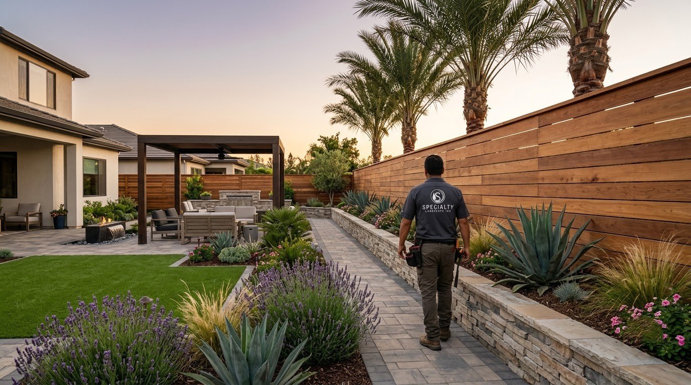 Finished block wall enclosing a Central Valley yard by Specialty Landscape