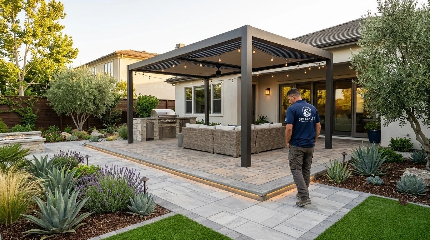 Freestanding shade structure in a backyard by Specialty Landscape