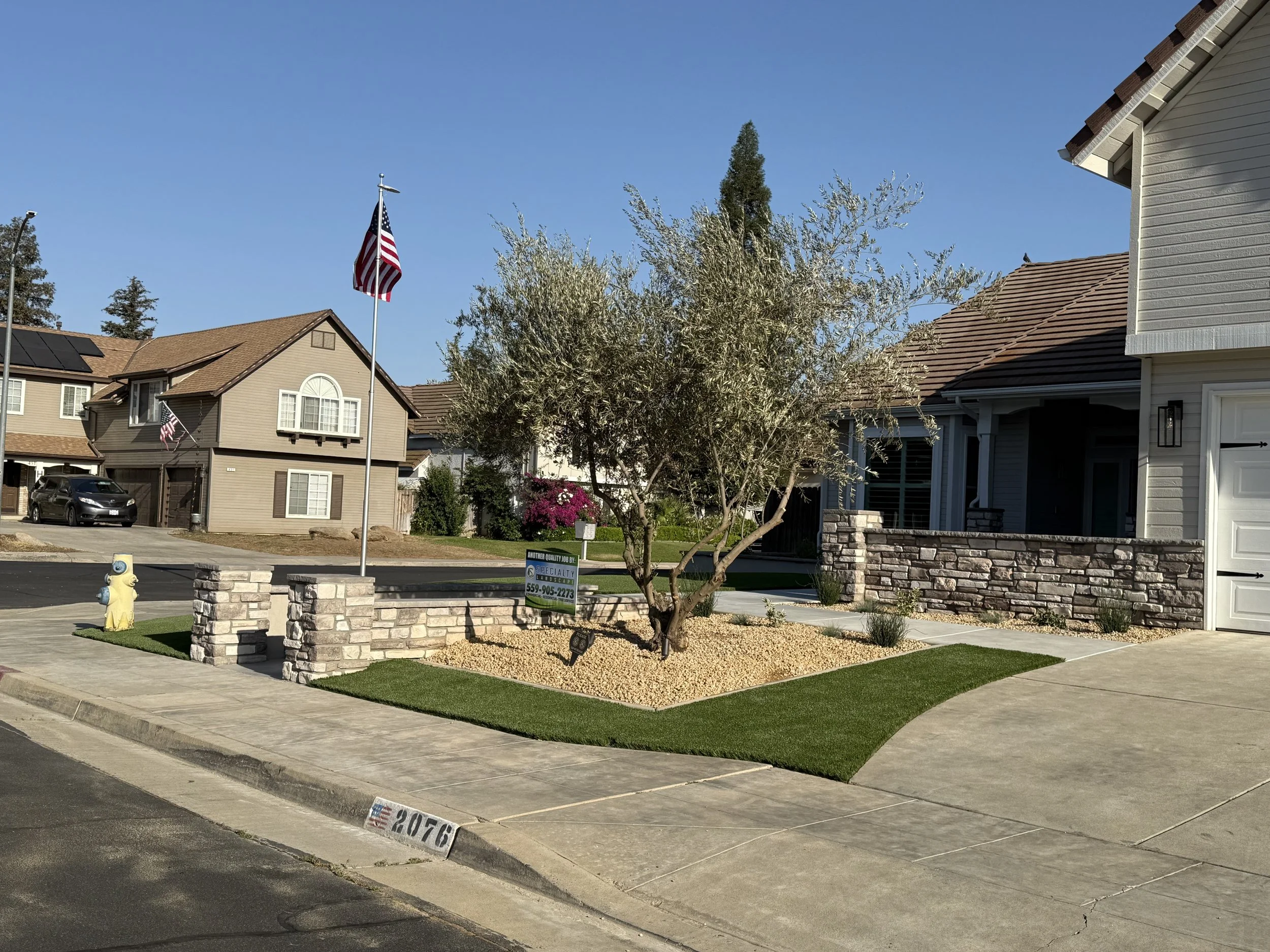 Finished front yard with artificial turf, an olive tree and a stone planter wall
