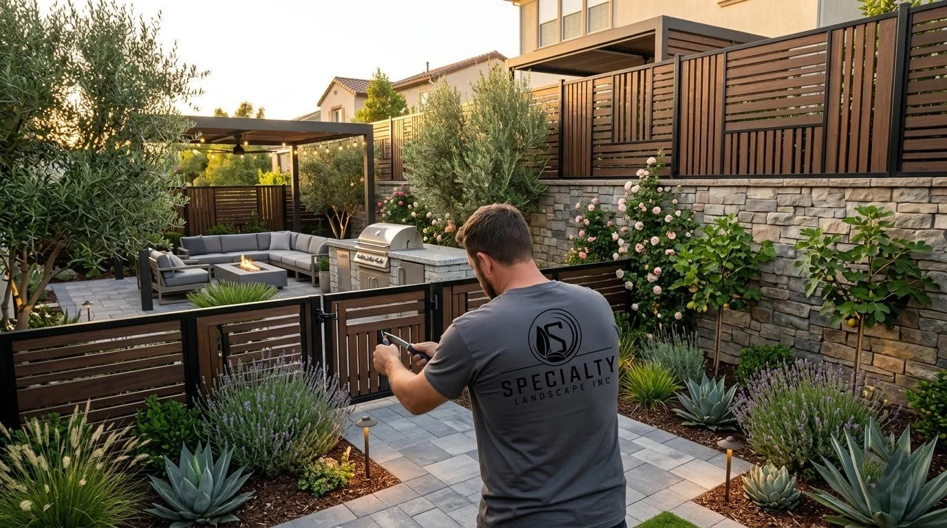 Backyard fencing built on properly set posts by Specialty Landscape