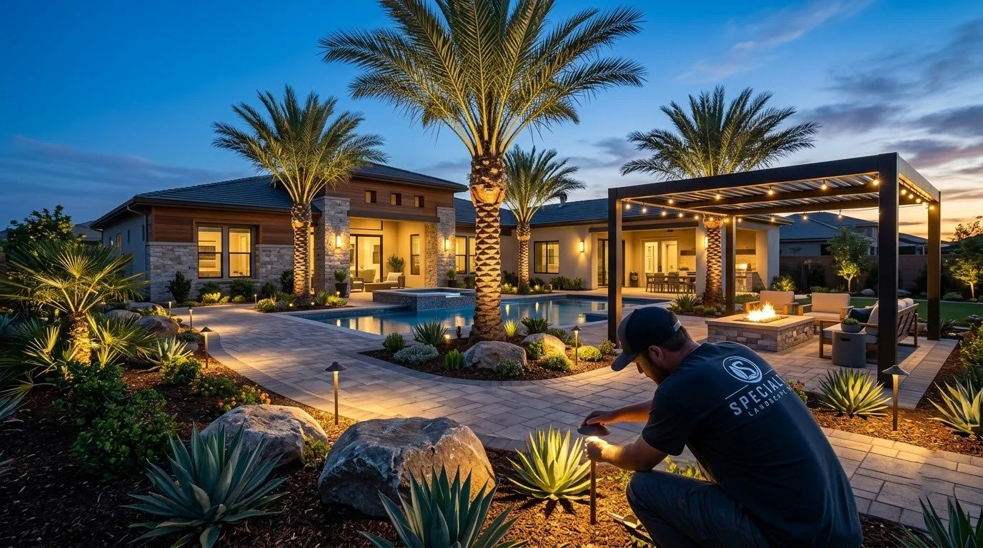 Outdoor lighting installed across a Fresno property by Specialty Landscape
