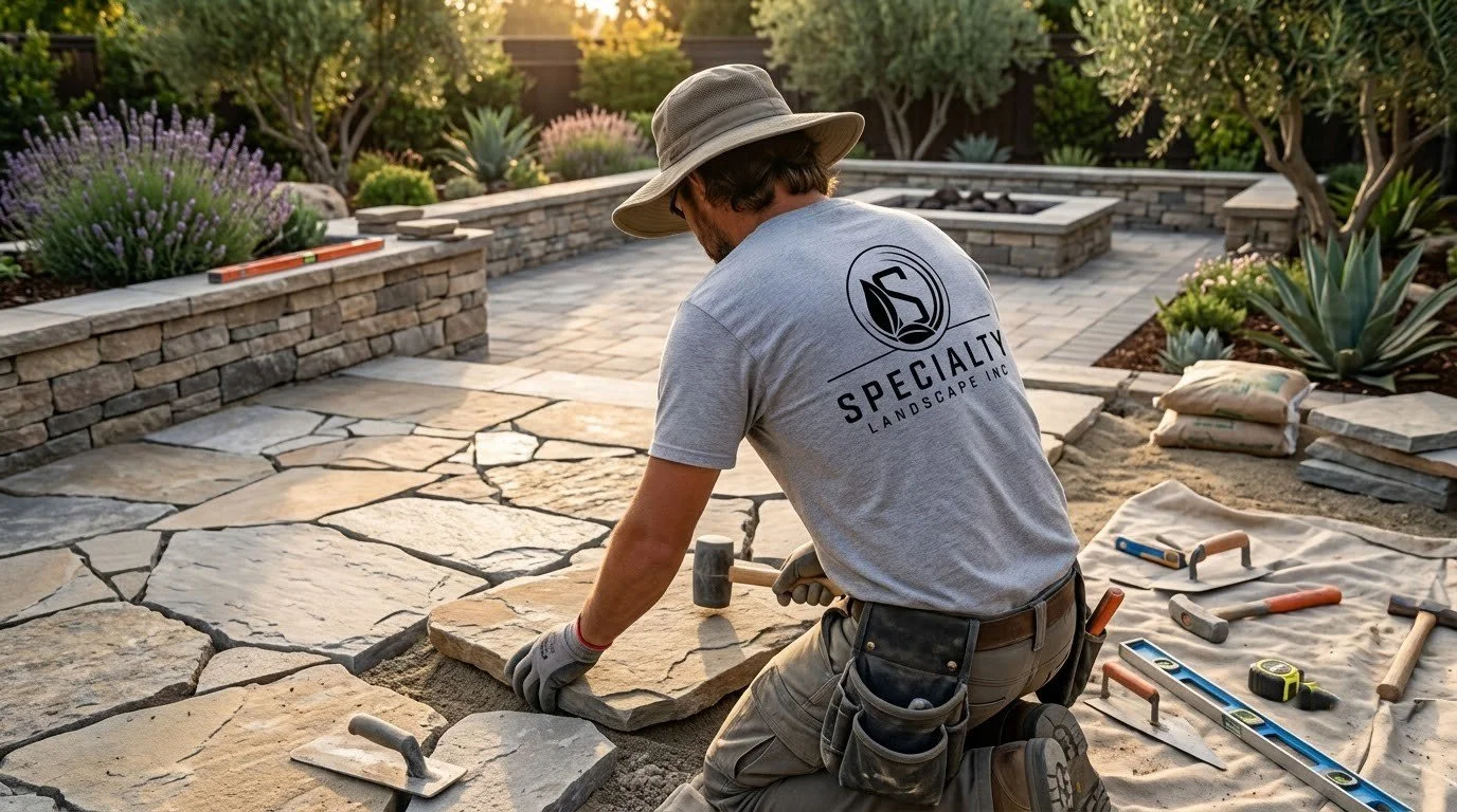 Natural flagstone patio being set by Specialty Landscape