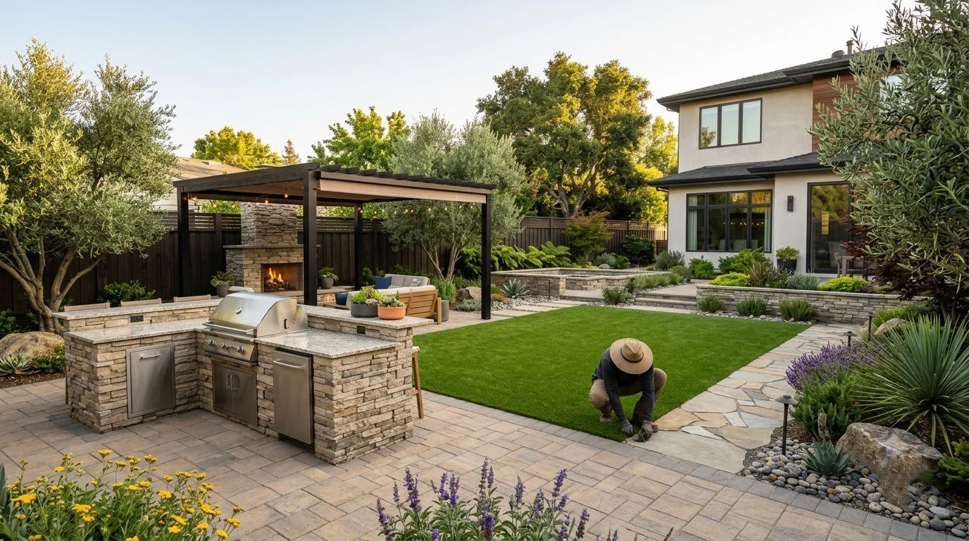 Outdoor kitchen with gas hookups, task lighting and built-in storage by Specialty Landscape