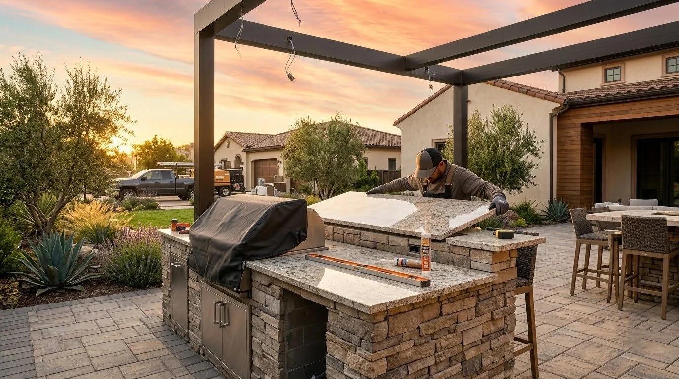 Outdoor kitchen built on a proper footing and base by Specialty Landscape