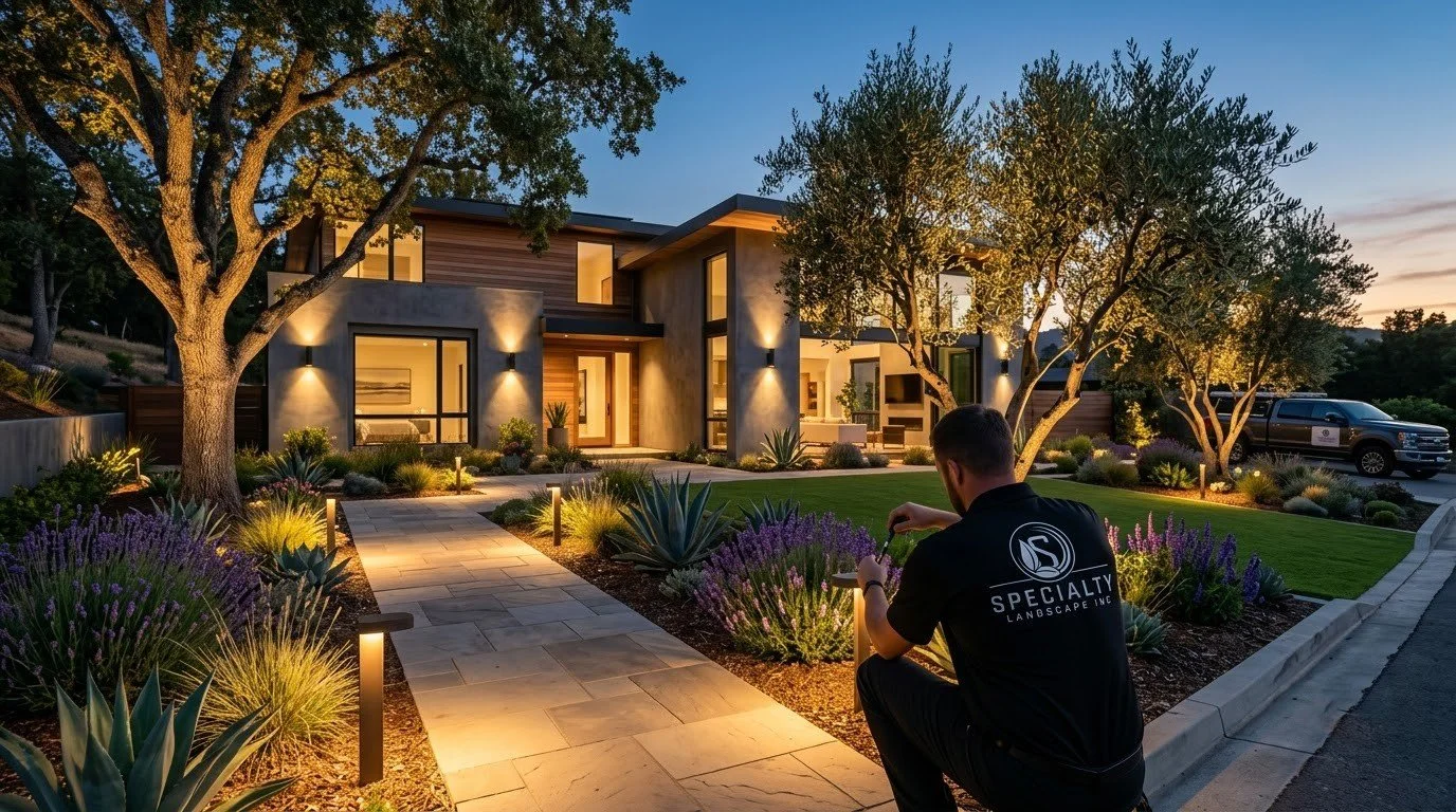 Central Valley home lit by a landscape lighting system by Specialty Landscape
