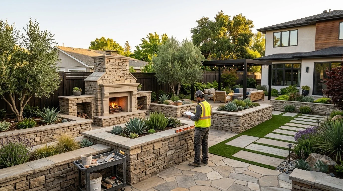 Custom masonry outdoor fireplace built by Specialty Landscape