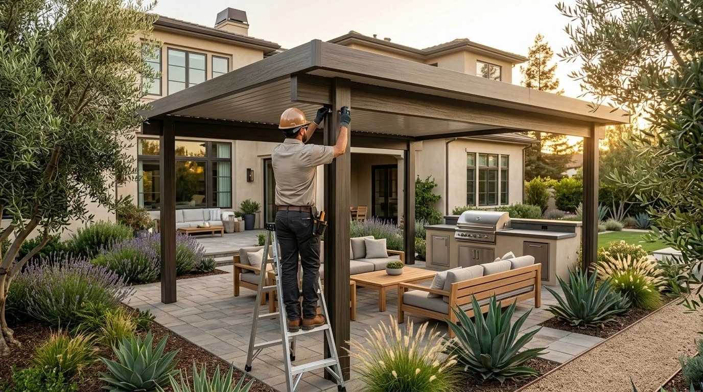 Alumawood patio cover shading a Fresno backyard by Specialty Landscape