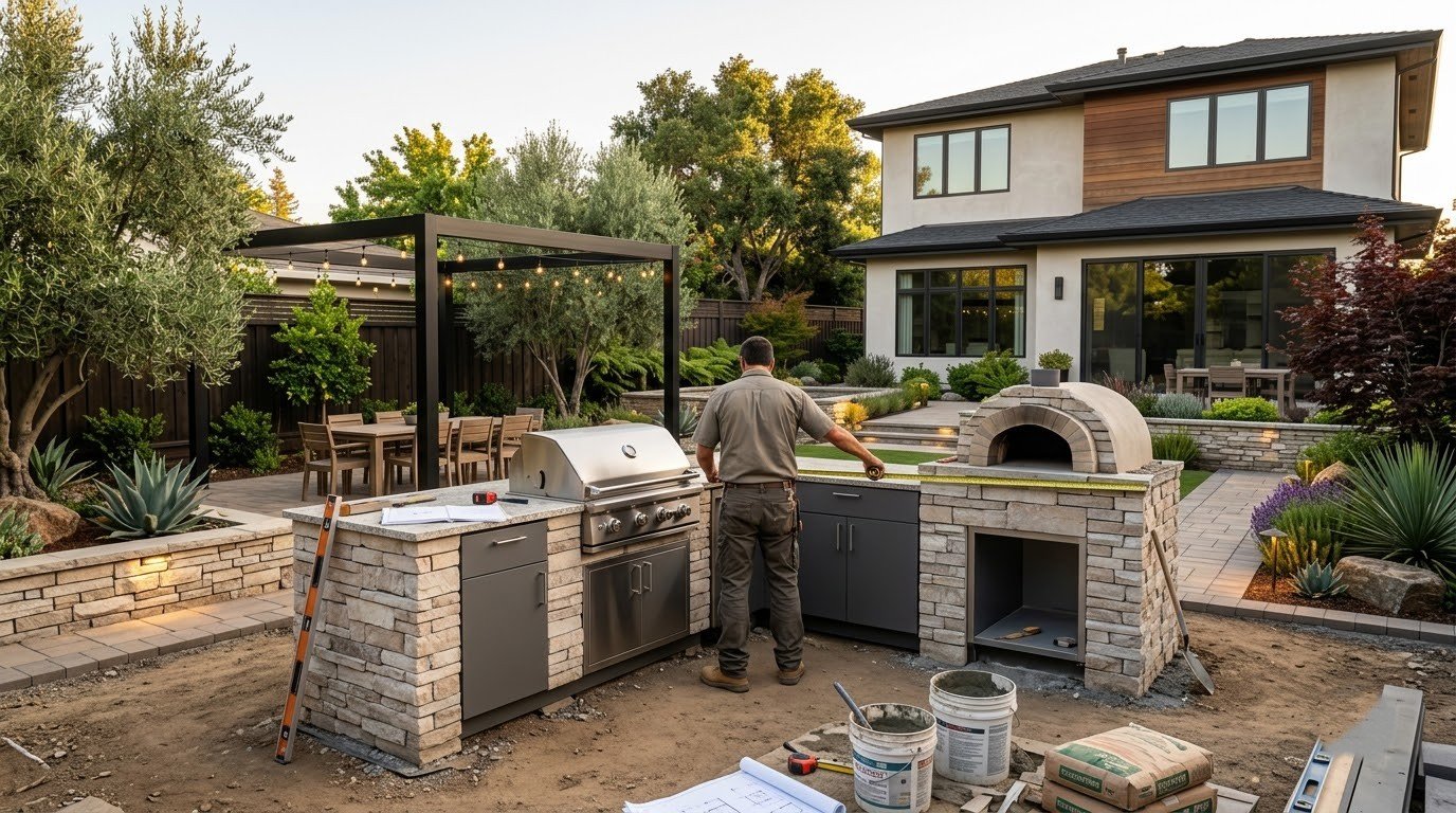 Full outdoor kitchen with grill, prep counters and storage by Specialty Landscape