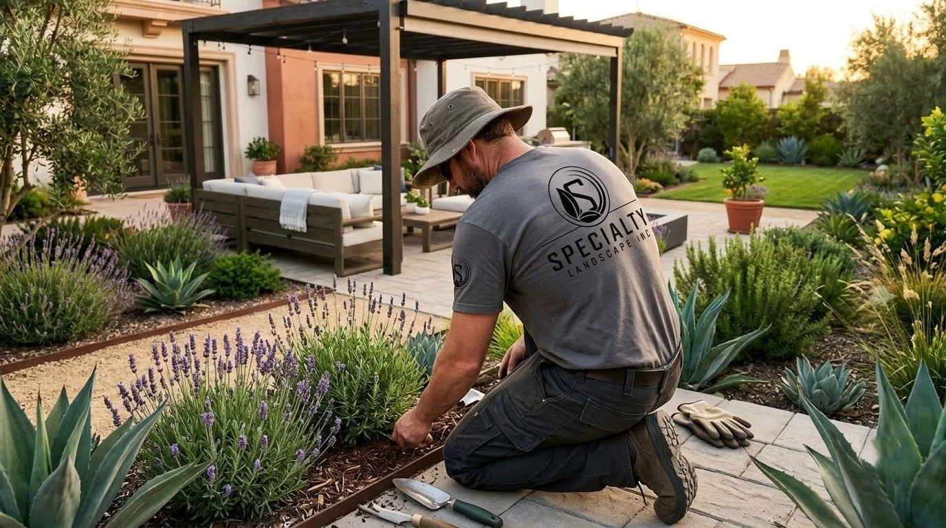 Masonry seat wall and raised planter in a Fresno backyard by Specialty Landscape