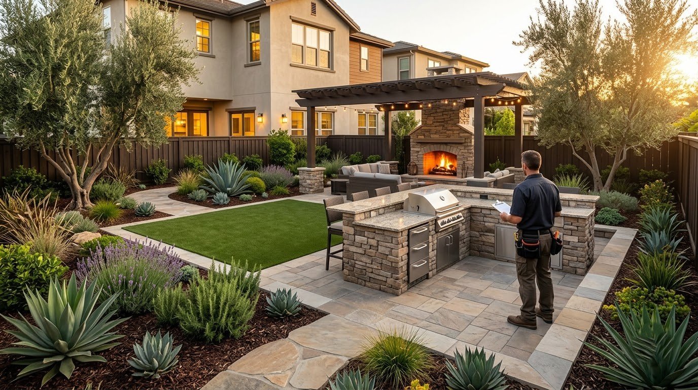 Backyard entertainment area built around an outdoor kitchen by Specialty Landscape