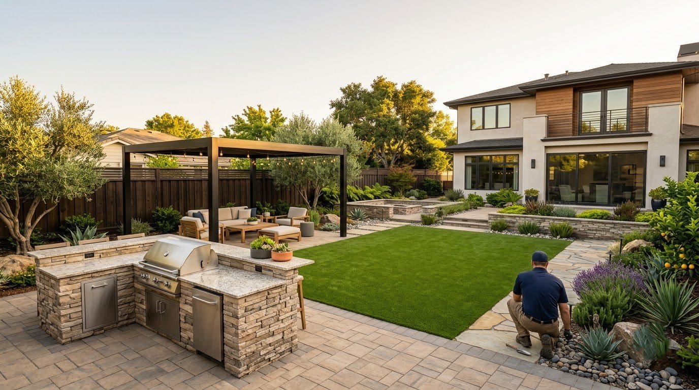 Outdoor kitchen island framing and utilities run before finishes by Specialty Landscape