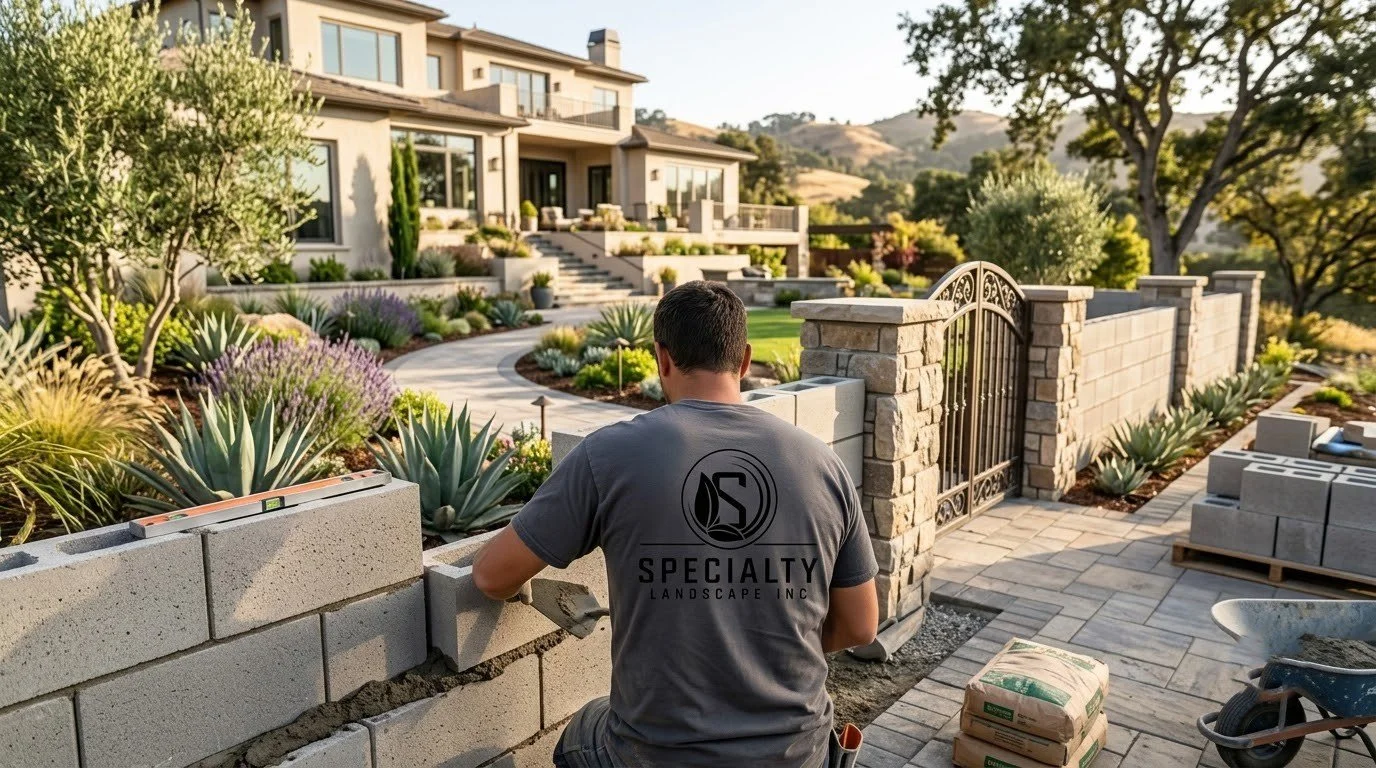 Masonry wall and stonework in a completed Central Valley yard by Specialty Landscape