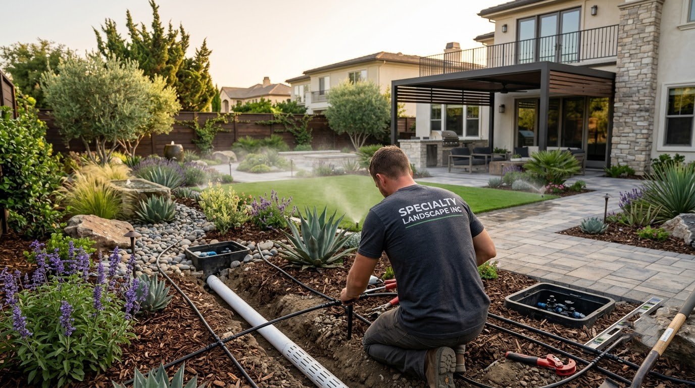 Irrigation and drainage work laid out across a Central Valley yard by Specialty Landscape
