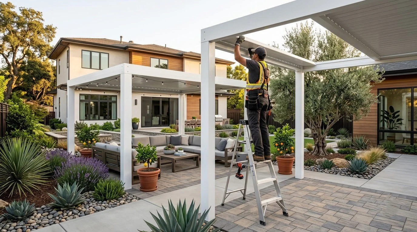 Patio cover edge where built-in rain gutters carry water away by Specialty Landscape