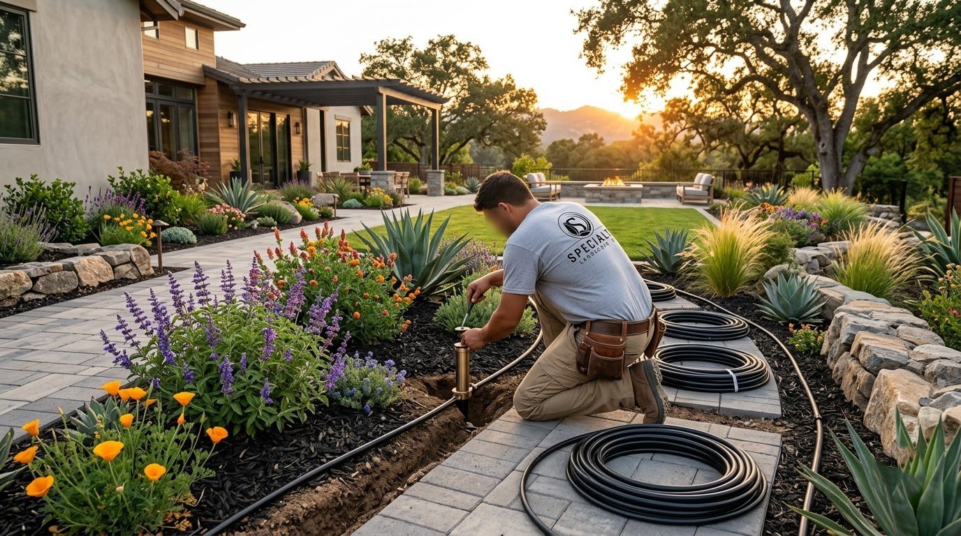 Drip irrigation tubing being laid through planting beds by Specialty Landscape