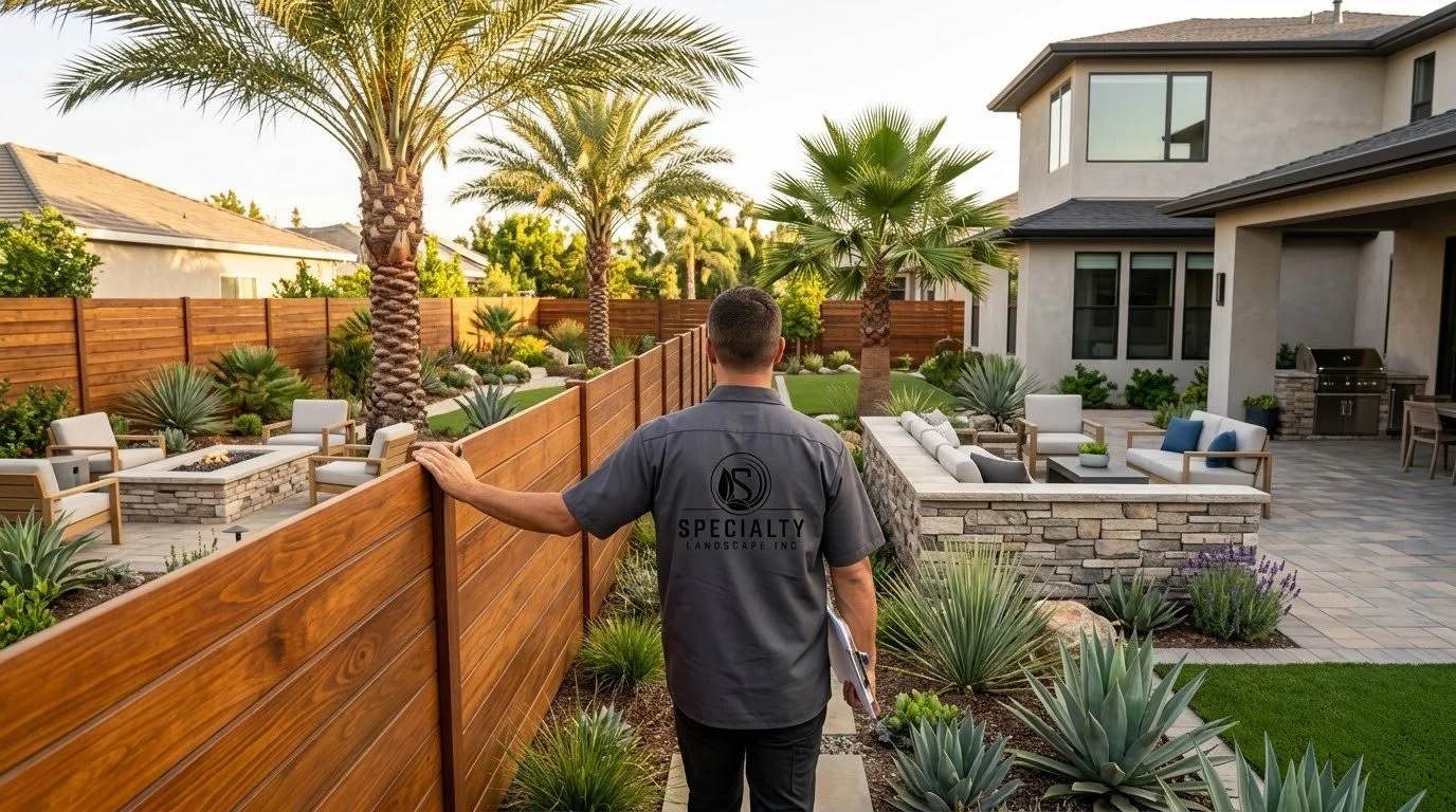 Wood fence panels being set on new posts by Specialty Landscape