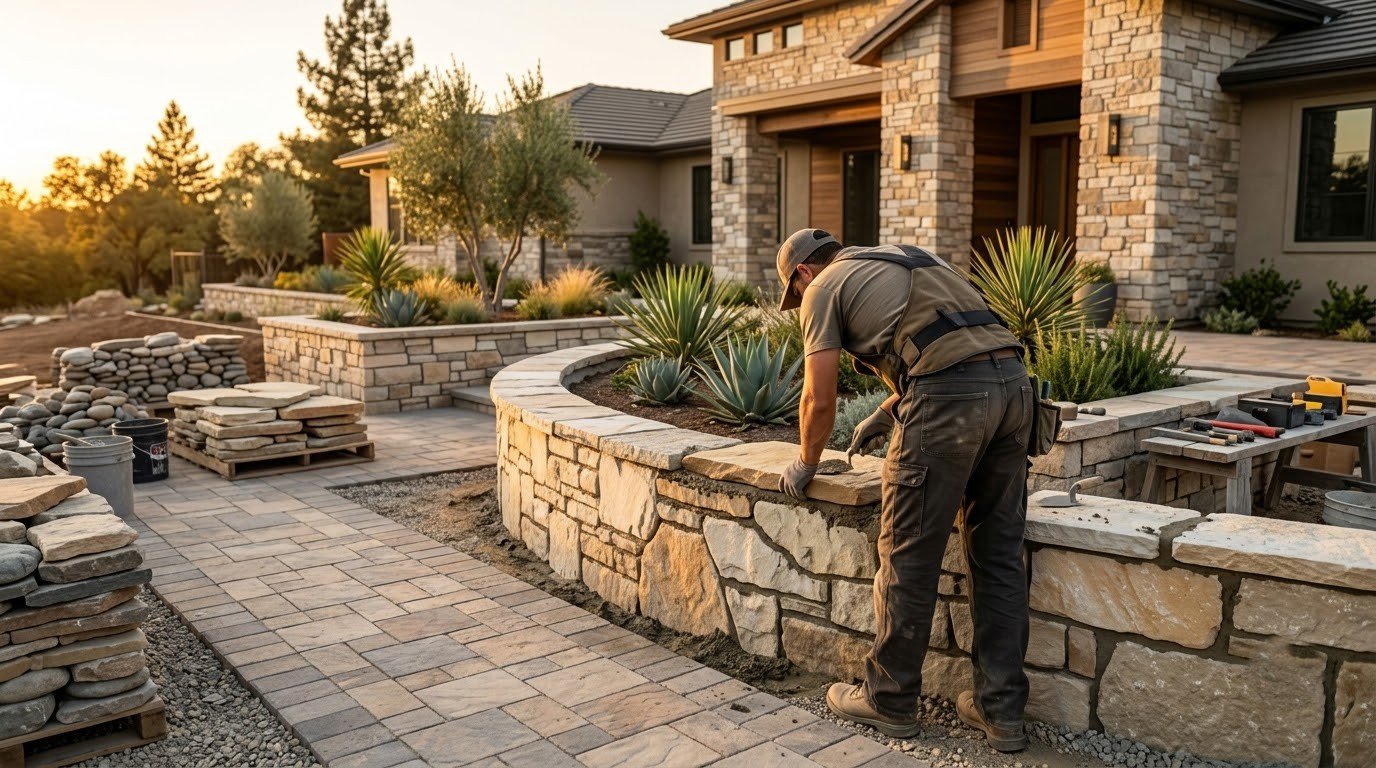 Masonry retaining wall built on a proper footing by Specialty Landscape