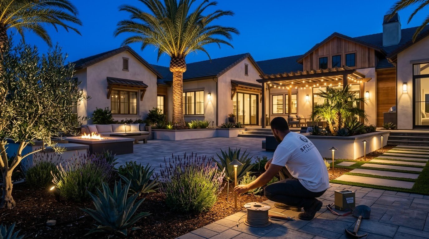 Landscape lighting transformer and fixtures installed and serviced by Specialty Landscape