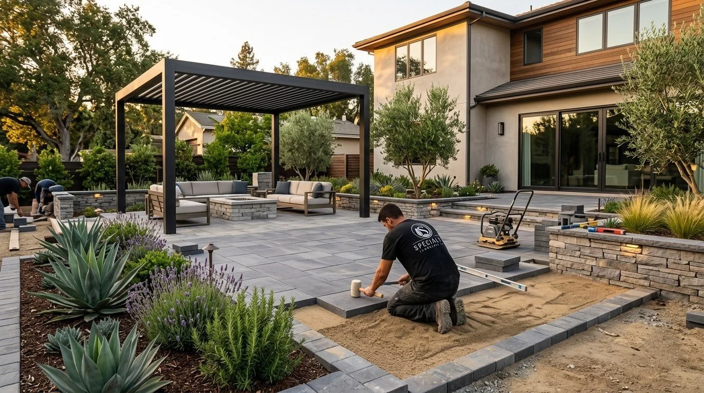 Finished paver hardscape in a transformed Central Valley yard by Specialty Landscape
