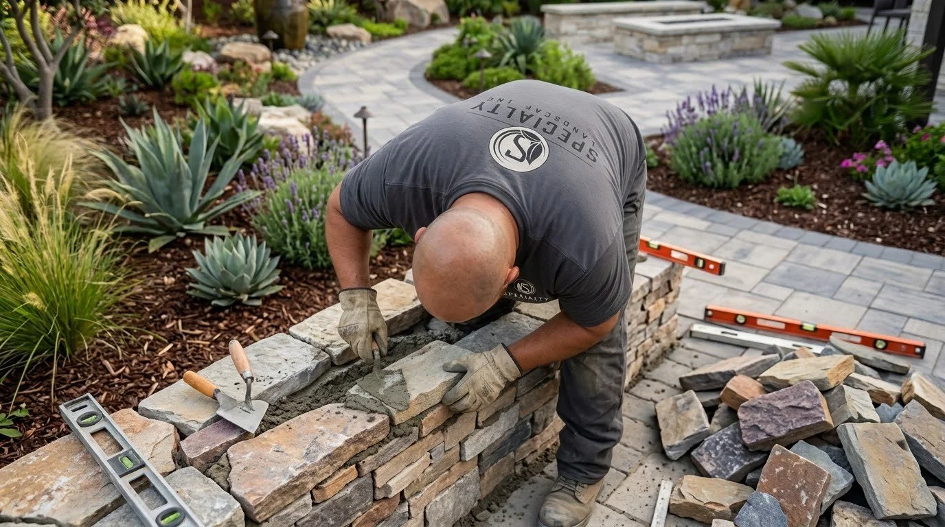 Stone and block masonry wall built by Specialty Landscape