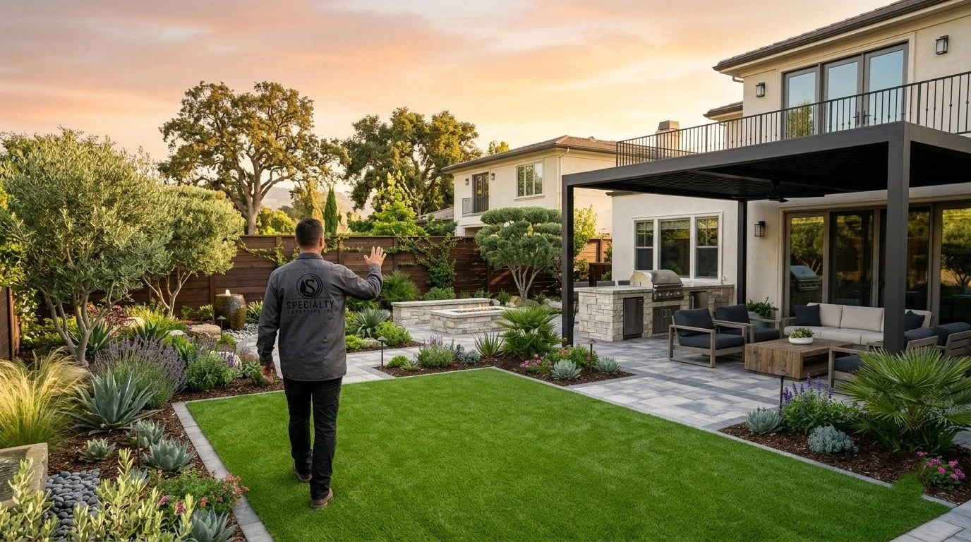 Open pergola built over a backyard patio by Specialty Landscape