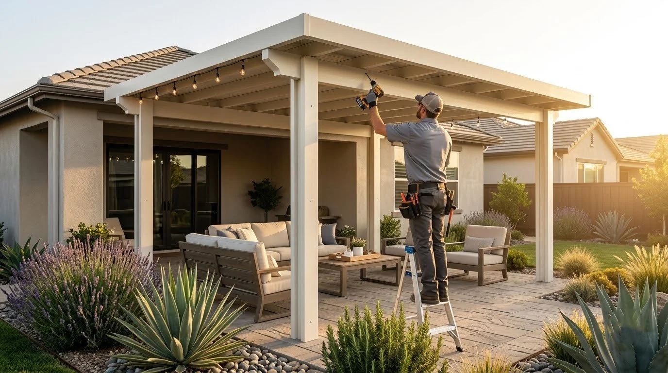 Solid-roof patio cover giving full shade by Specialty Landscape