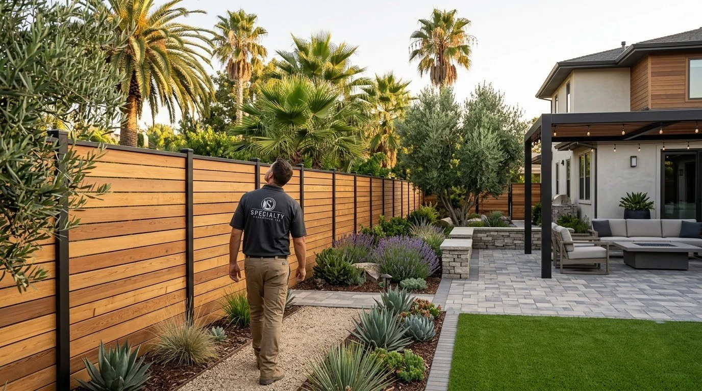 New horizontal wood privacy fence installed by Specialty Landscape