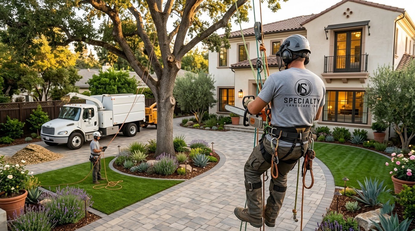 Climber trimming and pruning a mature tree with the crew truck on site, by Specialty Landscape