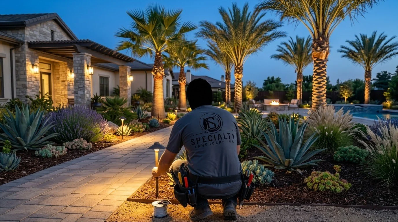 Landscape lighting warming up a yard after dark by Specialty Landscape