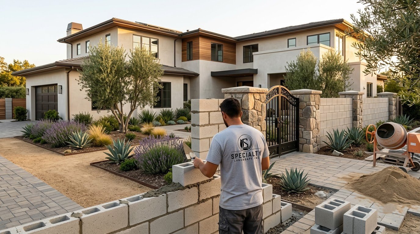 Iron gate set between block pillars in a new wall by Specialty Landscape