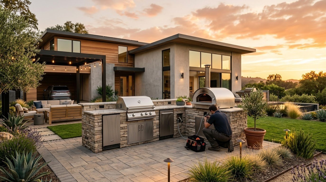 Custom outdoor kitchen with a built-in wood-fired pizza oven by Specialty Landscape