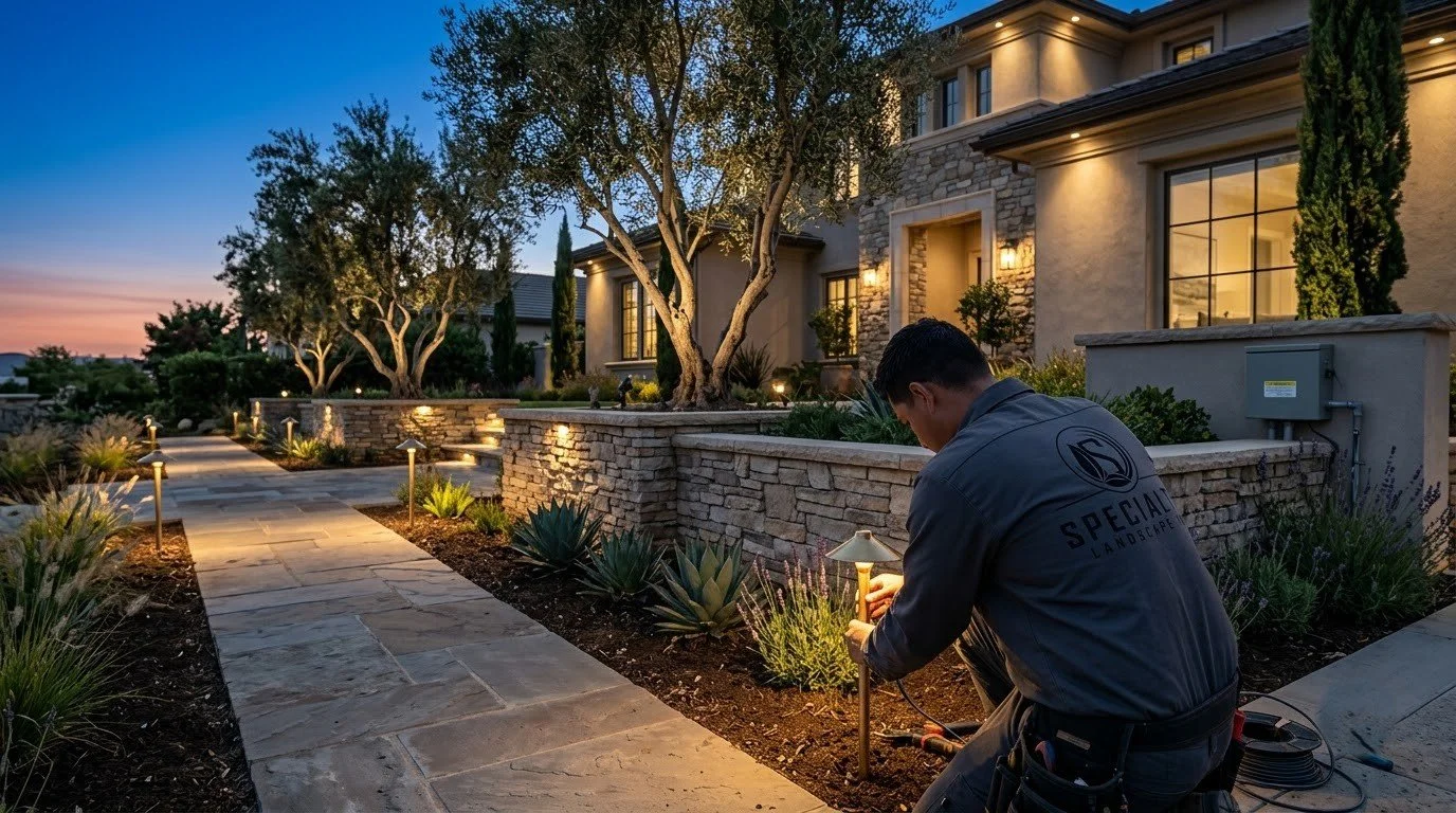 Low-level landscape lighting along steps and decking by Specialty Landscape