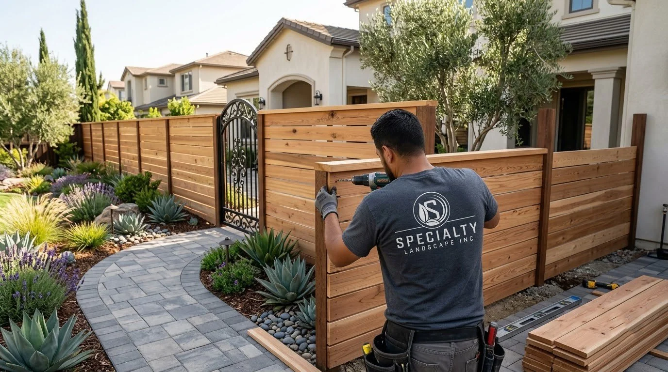 Finished wood fence and gate enclosing a Central Valley yard by Specialty Landscape