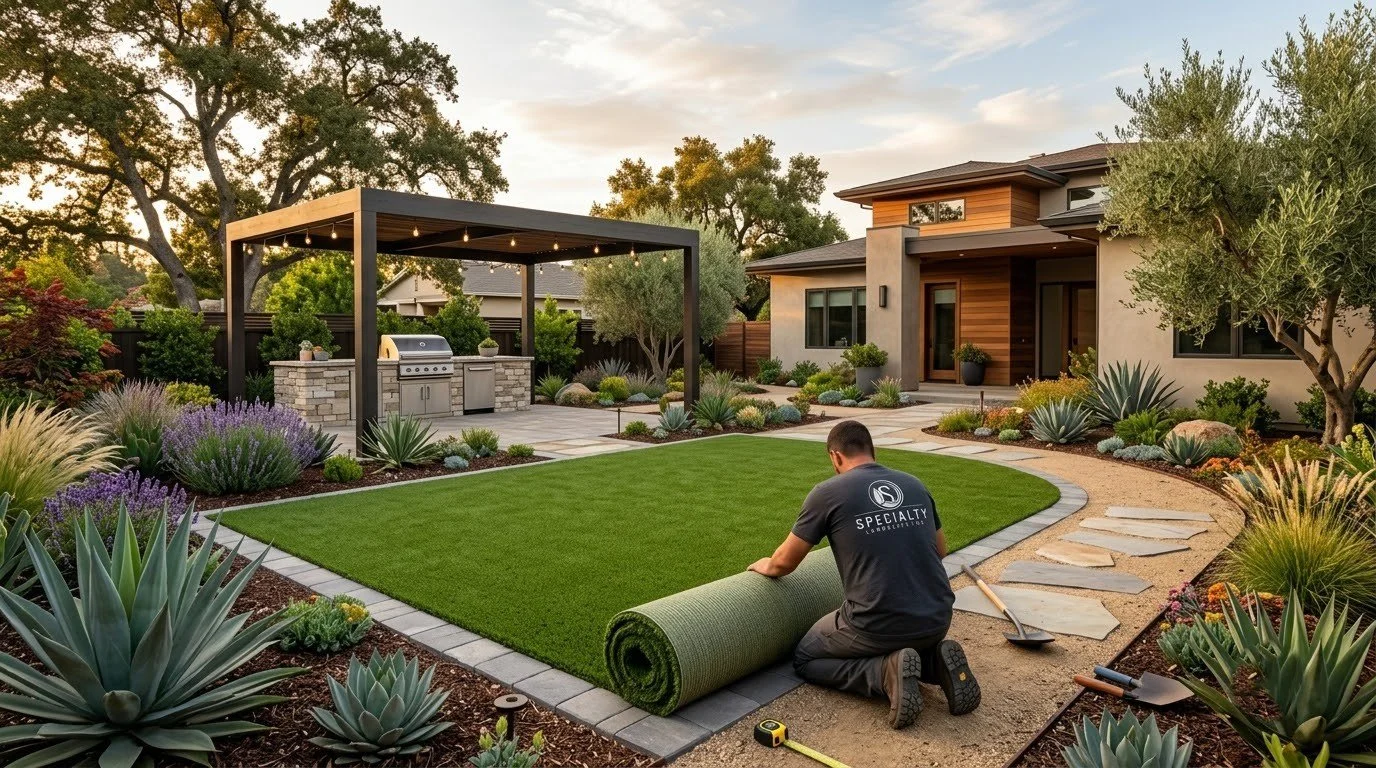Specialty Landscape crew laying fresh sod during a yard maintenance visit in Fresno