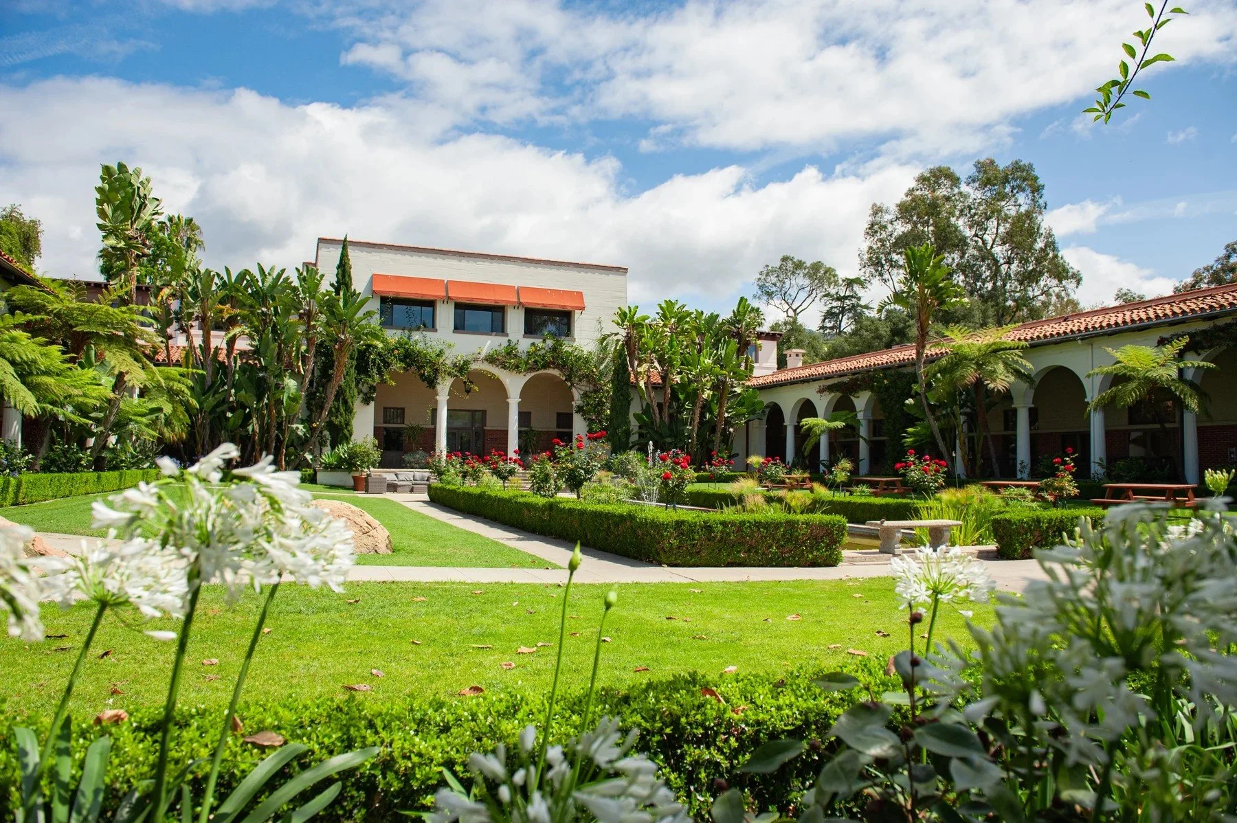 Lawn and garden beds framed by buildings at Riviera Park