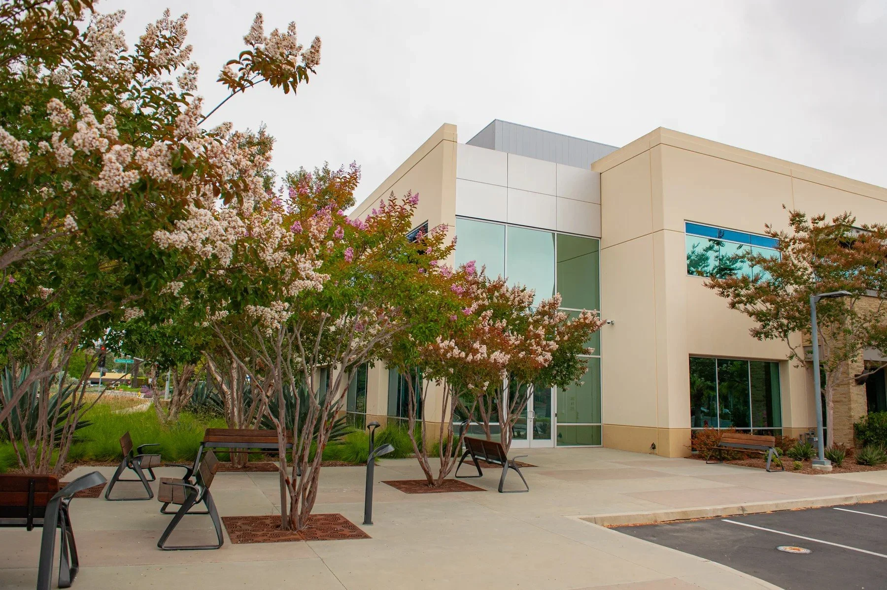 Flowering trees and outdoor tables beside a Cabrillo Business Park building