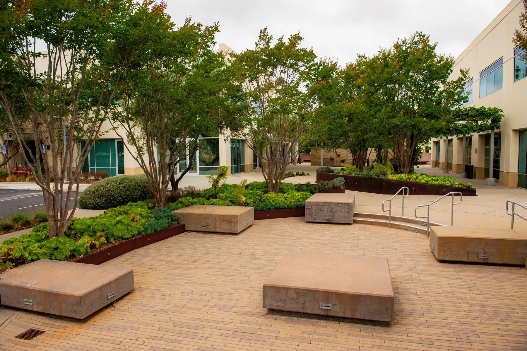 Trees, raised succulent beds, and outdoor seating in a Deckers campus courtyard