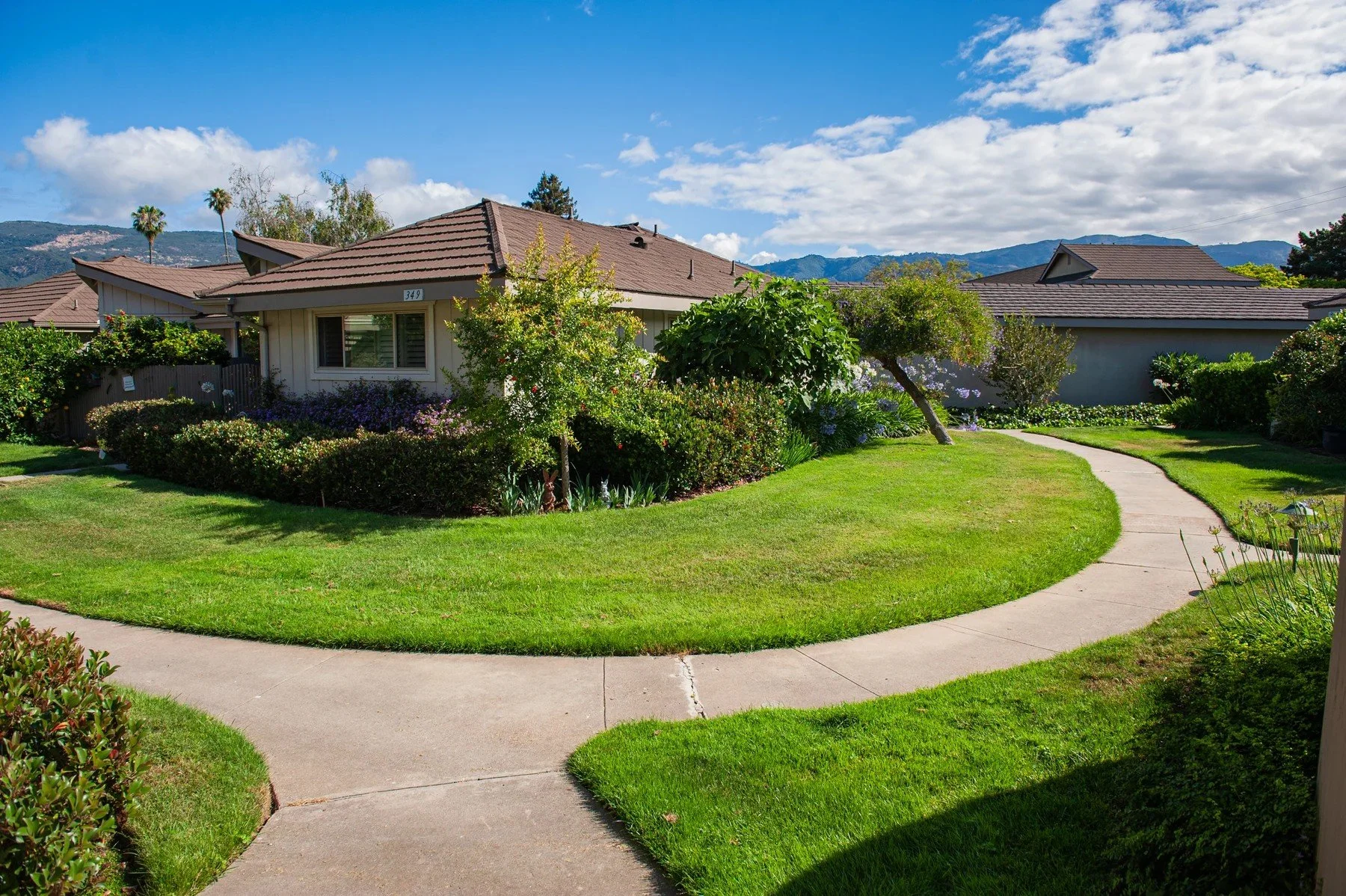 Winding walkway through lawns and residences at Encina Royale