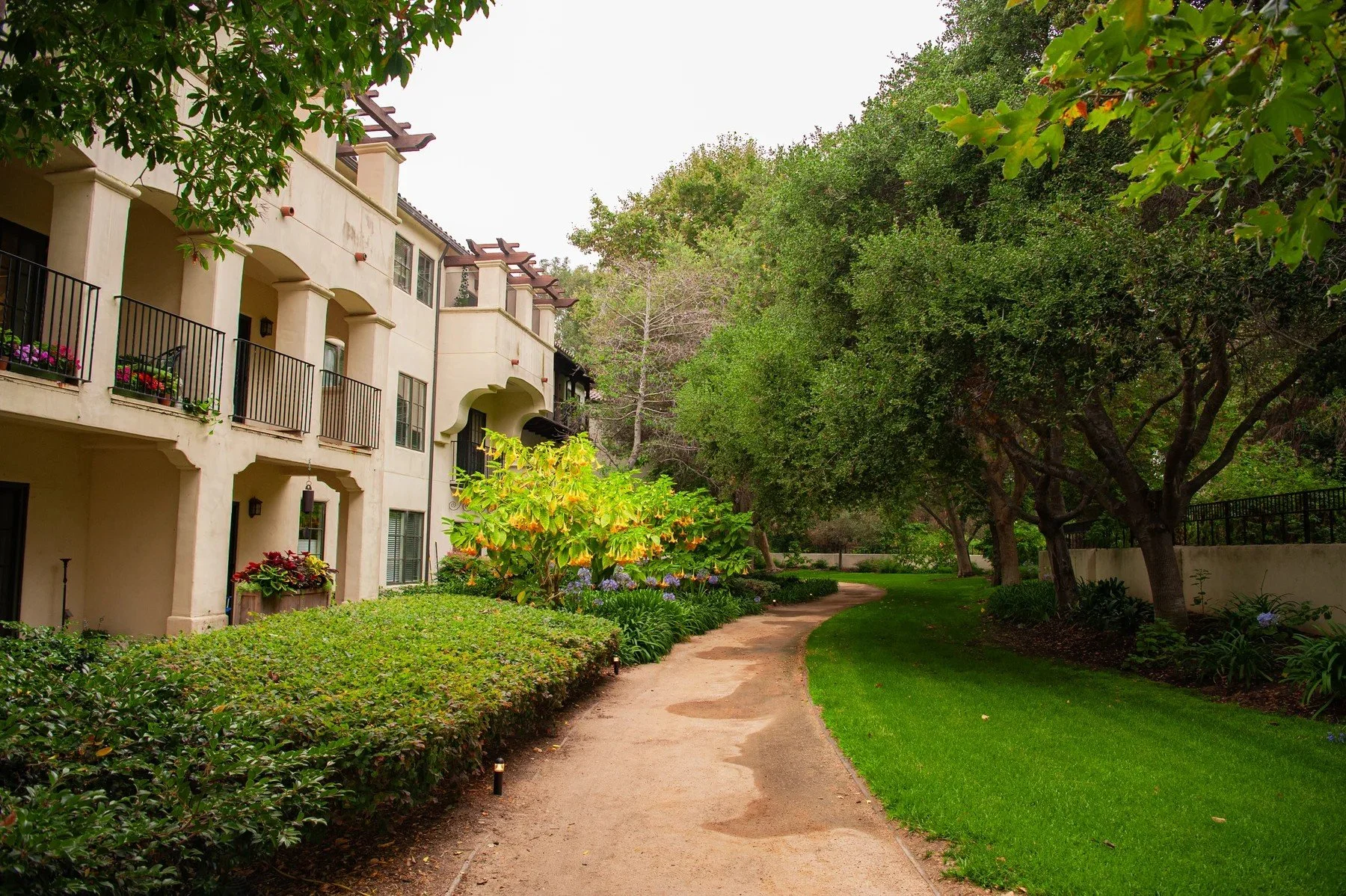 Garden path beside lawns and mature trees at Maravilla