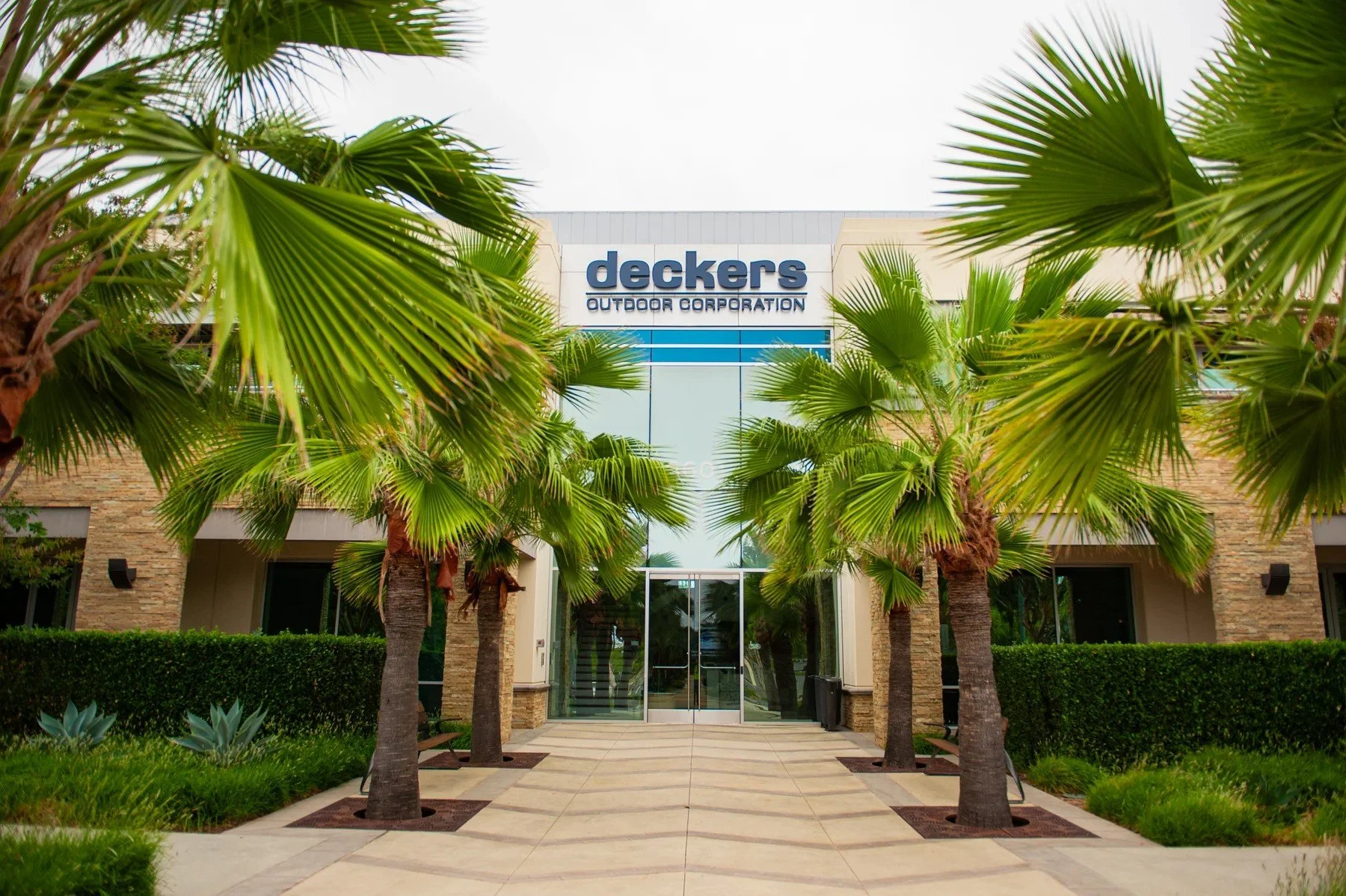Palm-lined entrance framing the Deckers name and campus building